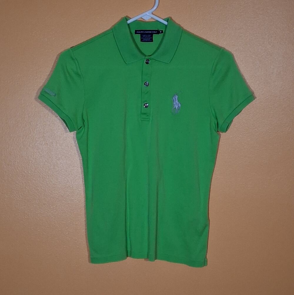 Polo Ralph Lauren Golf Women's Medium Green Silver Big Pony Polo Shirt Cotton